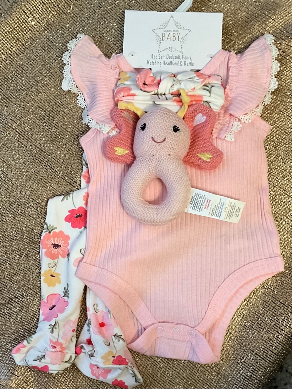 Pink Ribbed Baby Bodysuit & Floral Pants Matching Set with Butterfly Rattle
